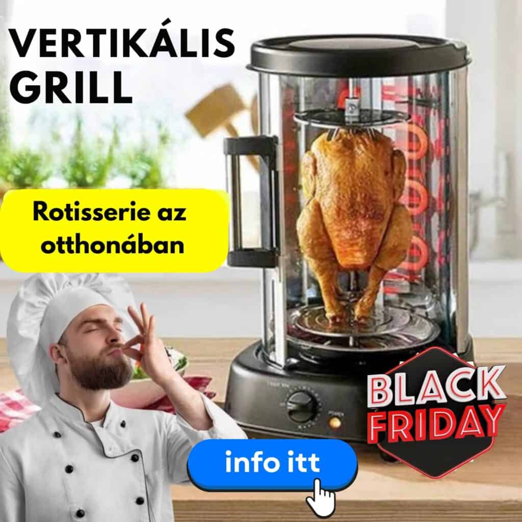 Griglia verticale per pollo rotisserie con cibo in cottura.