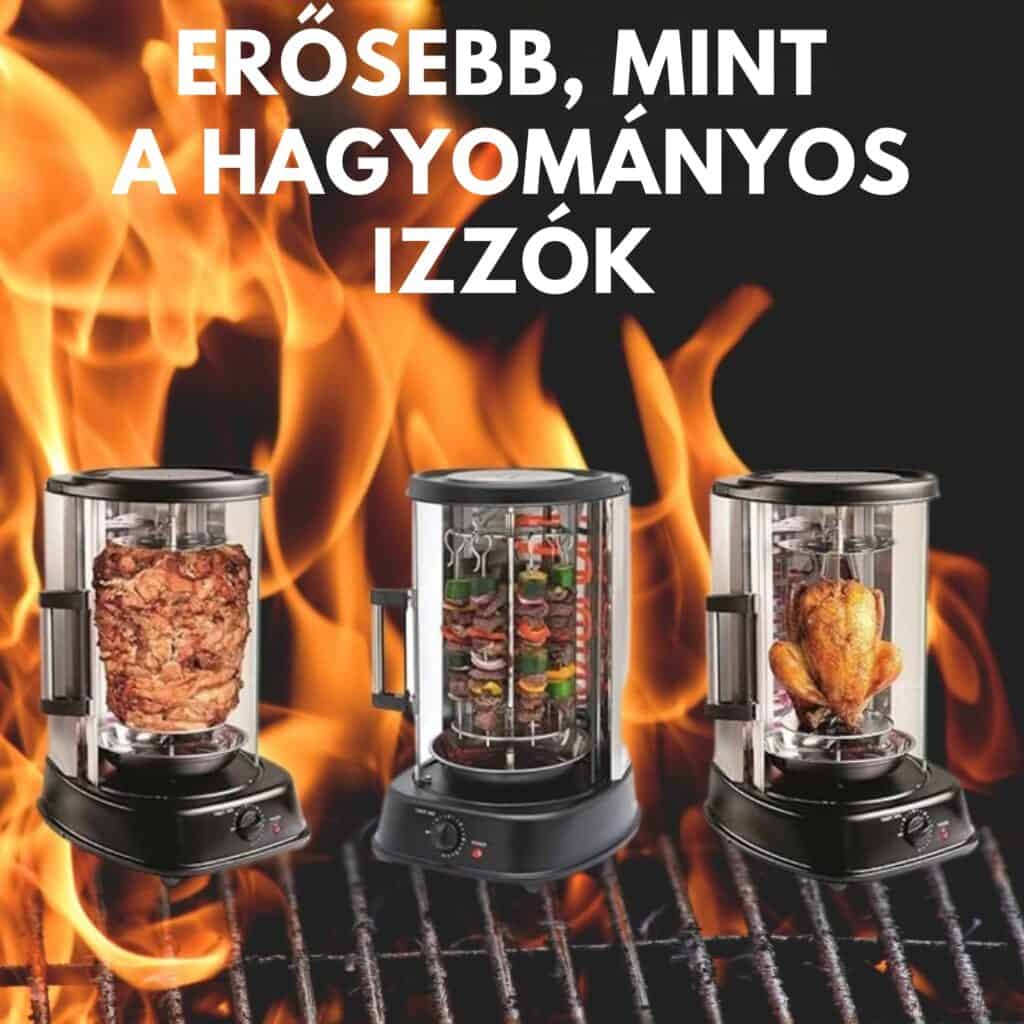 Hagyományos és modern grillezők, füst és lángok a háttérben.